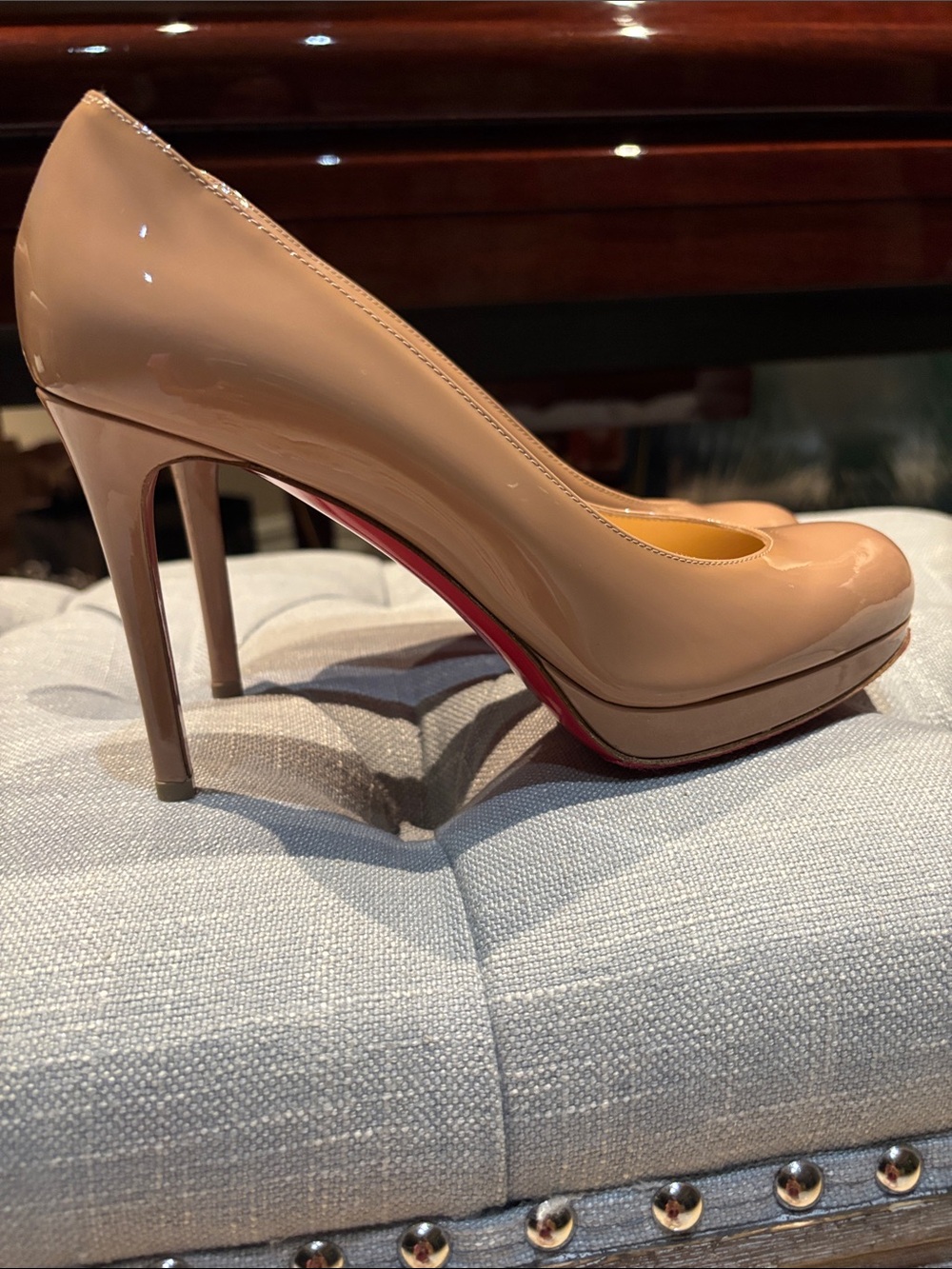 Authentic Christian Louboutin Nude Patent Platform Pumps with Red Sole